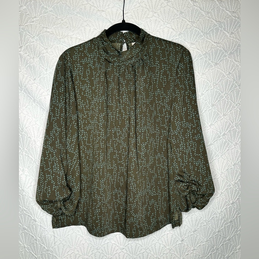 Target Olive Patterned Blouse High Collar Ruched Sleeve